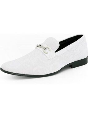 Amali Men's White Paisley Embossed Velvet Loafer Satin Trim Slip On Tuxedo Shoes